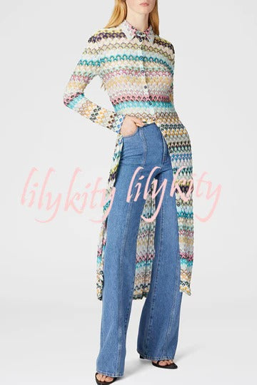 Anna Knit Colorful Herringbone Print Shirt Neck Button Long Sleeve Slim-fit Long Cardigan