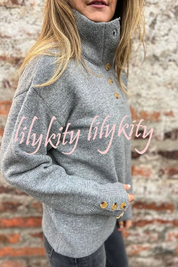 Solid Color High Collar Button Loose Long Sleeve Knitted Sweater