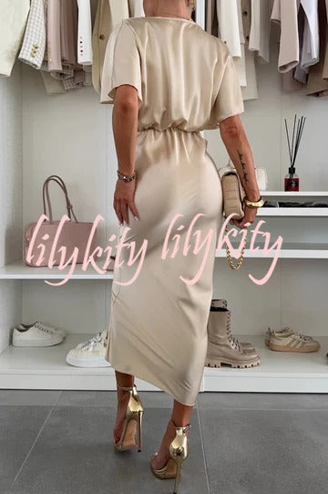 Satin Solid Color V-neck Cross Knot Slim Maxi Dress