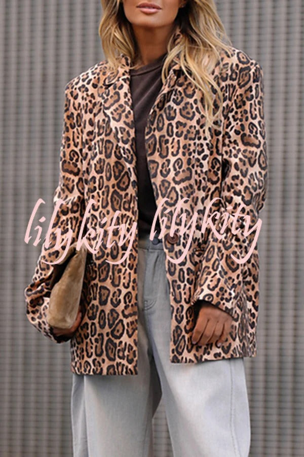 Catwalk Leopard Single Button Long Sleeve Pocketed Lapel Boyfriend Blazer