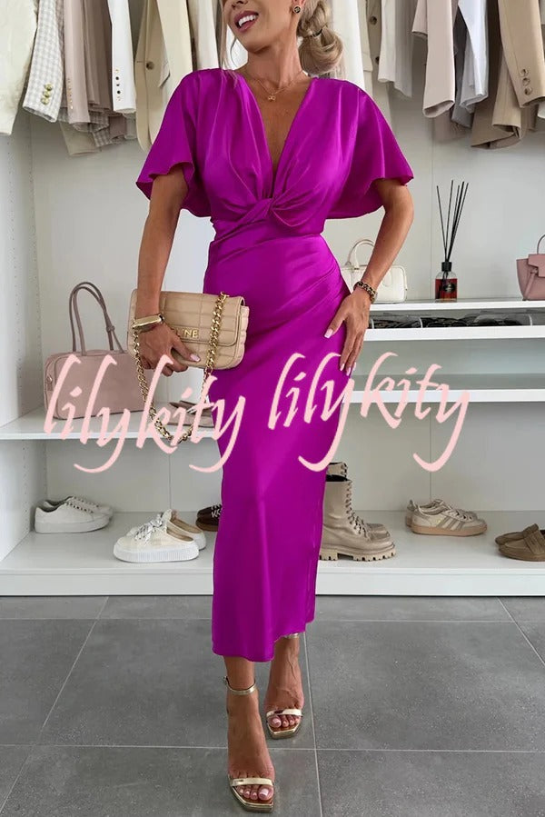 Satin Solid Color V-neck Cross Knot Slim Maxi Dress