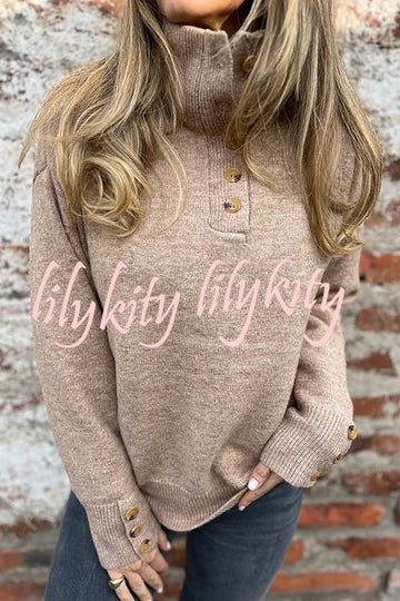 Solid Color High Collar Button Loose Long Sleeve Knitted Sweater