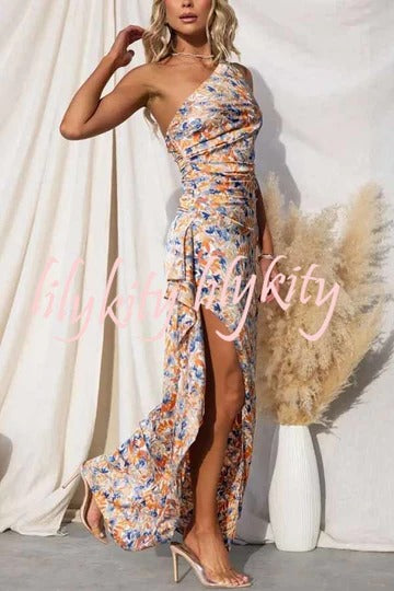 Intense Love Floral One Shoulder Asymmetrical Ruffle Trim Maxi Dress JJ25908-OR-S