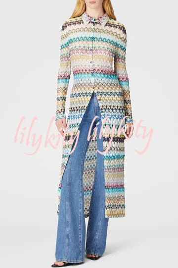 Anna Knit Colorful Herringbone Print Shirt Neck Button Long Sleeve Slim-fit Long Cardigan