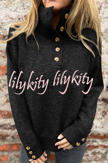 Solid Color High Collar Button Loose Long Sleeve Knitted Sweater
