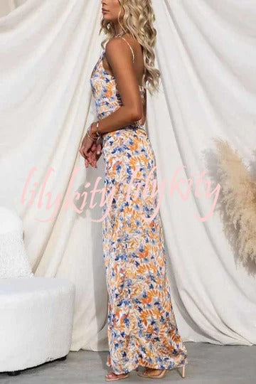 Intense Love Floral One Shoulder Asymmetrical Ruffle Trim Maxi Dress JJ25908-OR-S