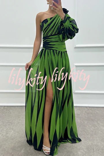 Purely Charming Printed Rose Pendant One Shoulder Pleated Slit Maxi Dress