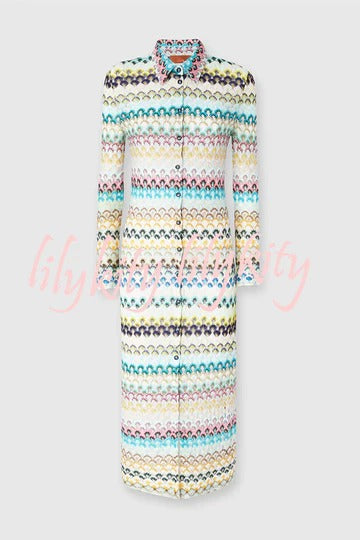 Anna Knit Colorful Herringbone Print Shirt Neck Button Long Sleeve Slim-fit Long Cardigan