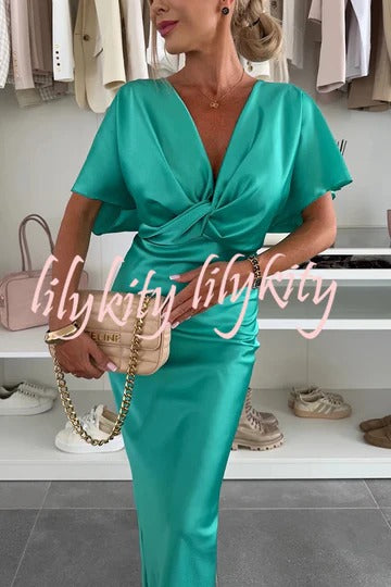 Satin Solid Color V-neck Cross Knot Slim Maxi Dress