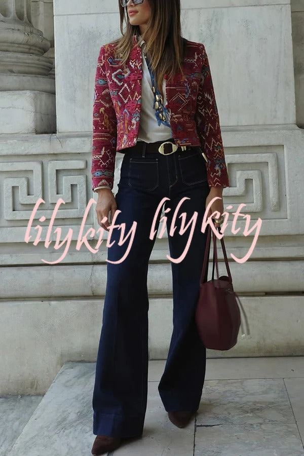 Vintage Bohemian Printed Chinese Style Buttons Long Sleeve Crop Jacket