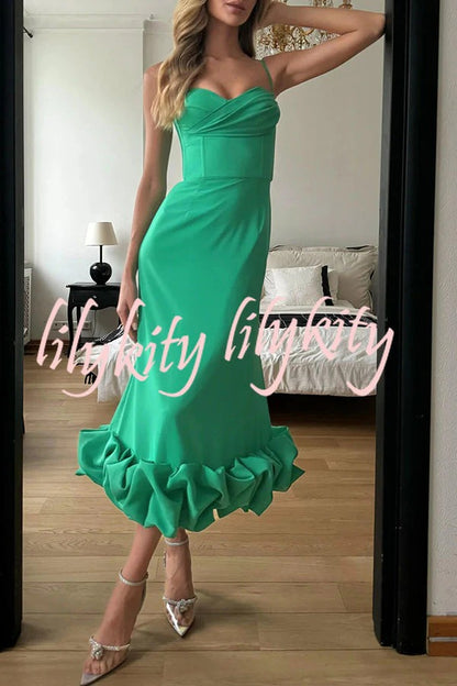 Dreamy and Romantic Ruched Bust Cloud Shape Hem Slip Midi Dress JJ31369-YE-S