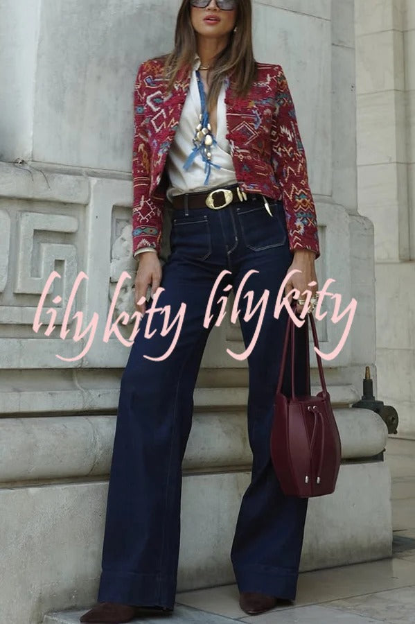 Vintage Bohemian Printed Chinese Style Buttons Long Sleeve Crop Jacket