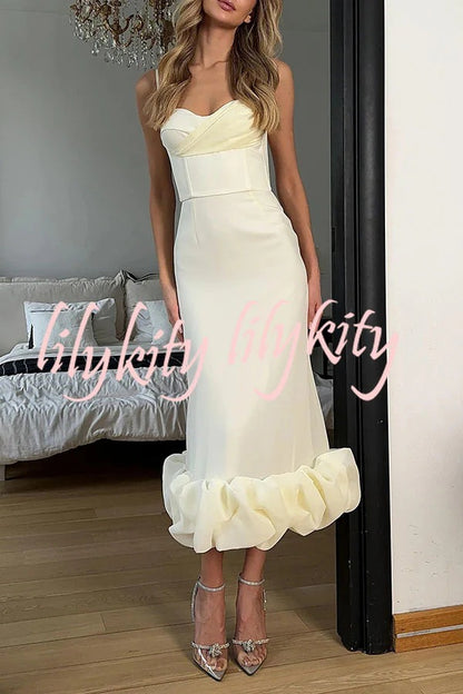 Dreamy and Romantic Ruched Bust Cloud Shape Hem Slip Midi Dress JJ31369-YE-S