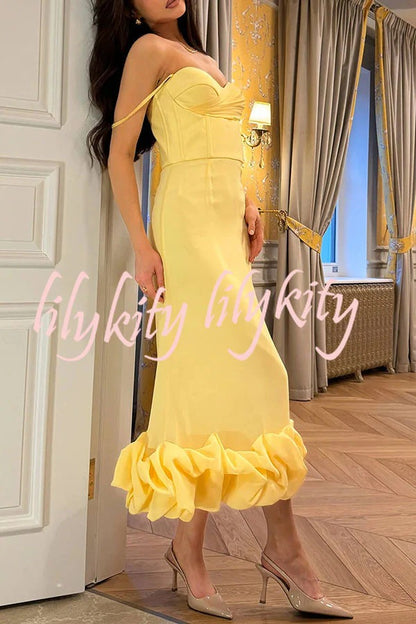 Dreamy and Romantic Ruched Bust Cloud Shape Hem Slip Midi Dress JJ31369-YE-S