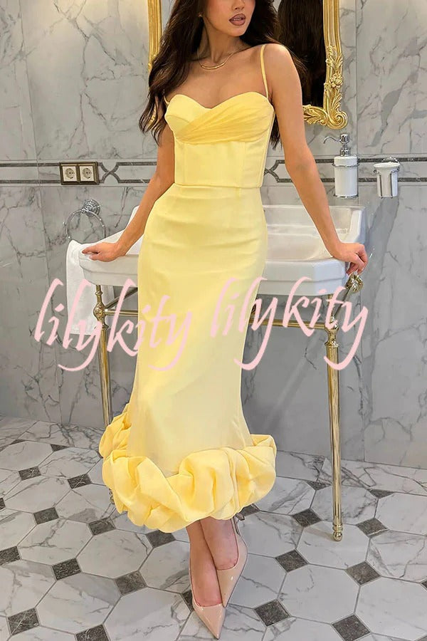 Dreamy and Romantic Ruched Bust Cloud Shape Hem Slip Midi Dress JJ31369-YE-S