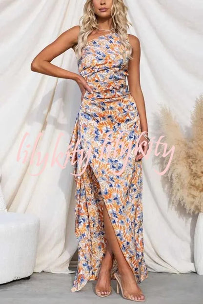 Intense Love Floral One Shoulder Asymmetrical Ruffle Trim Maxi Dress JJ25908-OR-S