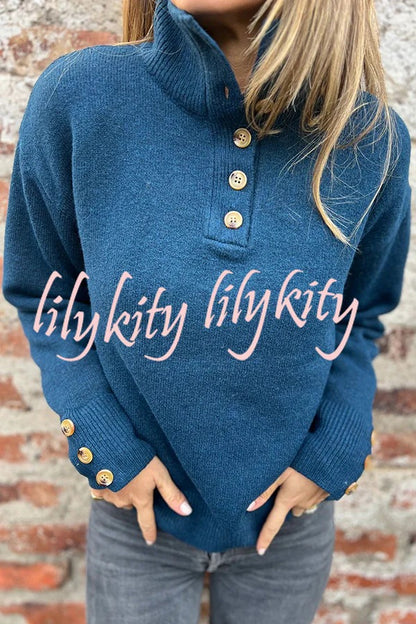 Solid Color High Collar Button Loose Long Sleeve Knitted Sweater