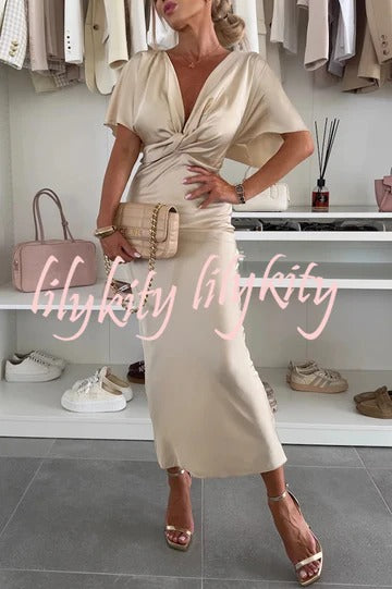 Satin Solid Color V-neck Cross Knot Slim Maxi Dress